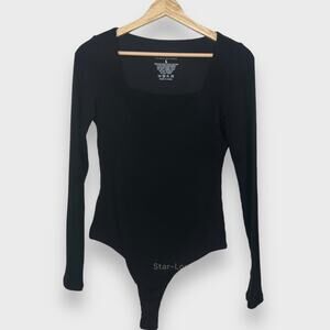 Klassy Network  Ribbed Long Sleeve Square Neck Bodysuit I Large Black Bramisuit